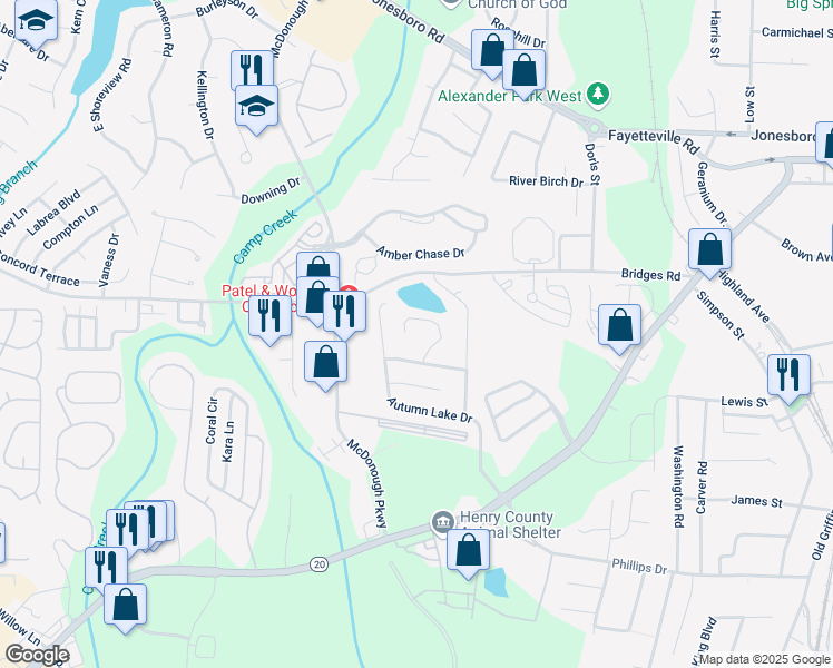 map of restaurants, bars, coffee shops, grocery stores, and more near 547 Lakecourt Drive in McDonough