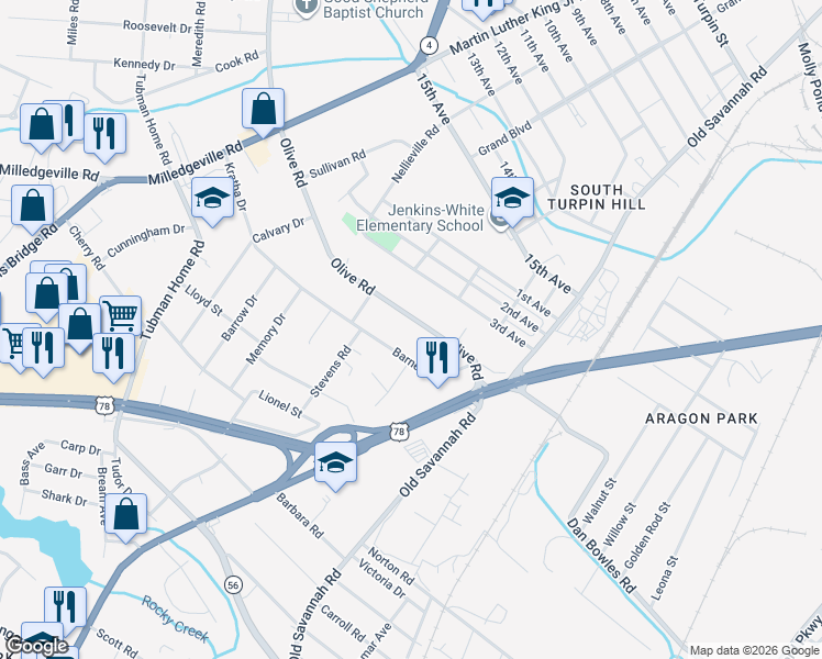 map of restaurants, bars, coffee shops, grocery stores, and more near 2010 Barnes Road in Augusta