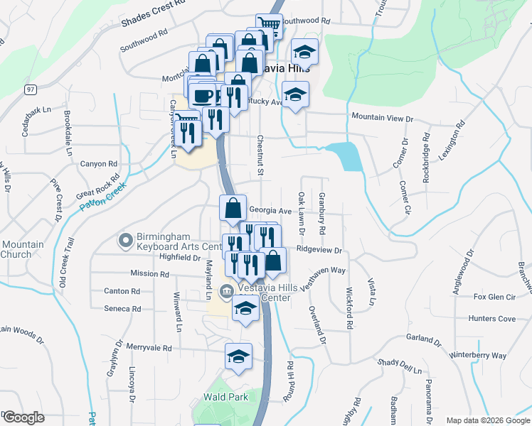 map of restaurants, bars, coffee shops, grocery stores, and more near 1005 Chestnut Street in Vestavia Hills