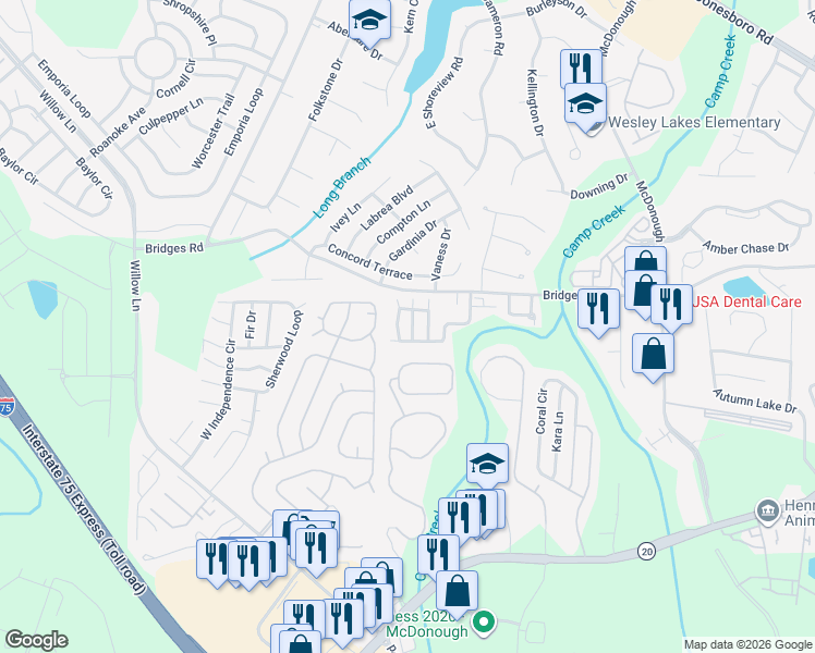 map of restaurants, bars, coffee shops, grocery stores, and more near 517 Epris Lane in McDonough