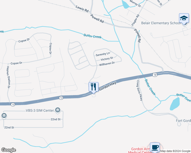 map of restaurants, bars, coffee shops, grocery stores, and more near 2401 Utopia Drive in Augusta