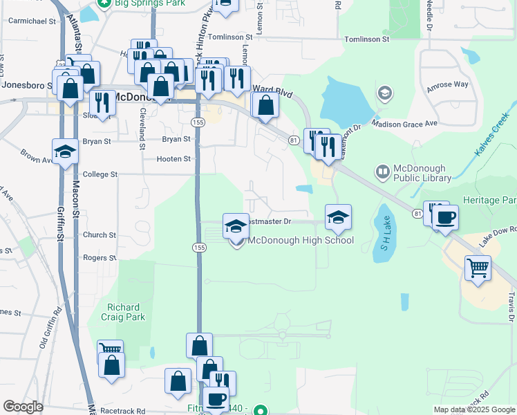 map of restaurants, bars, coffee shops, grocery stores, and more near 100 Woodlawn Park Drive in McDonough