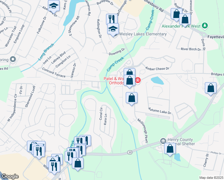 map of restaurants, bars, coffee shops, grocery stores, and more near 218 Adam Circle in McDonough