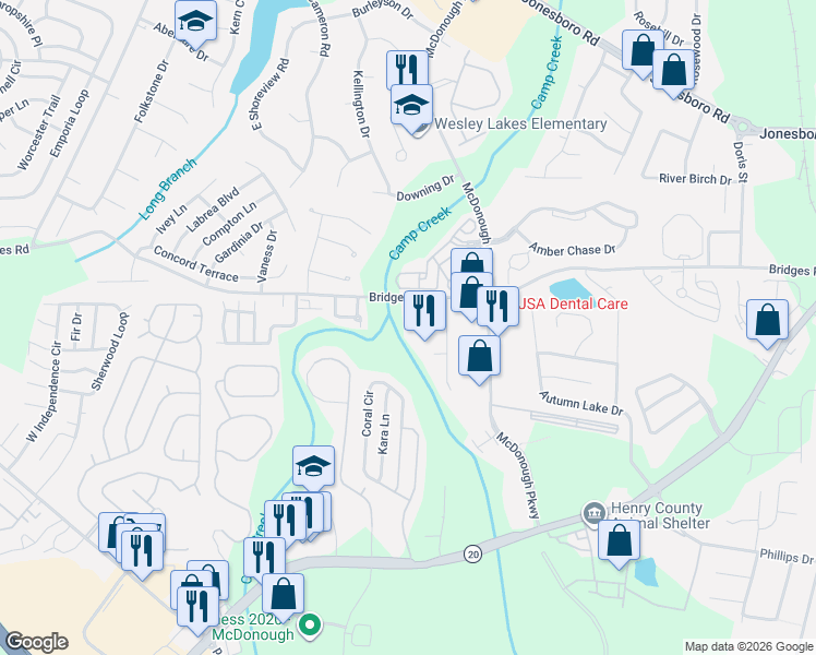map of restaurants, bars, coffee shops, grocery stores, and more near 219 Adam Circle in McDonough