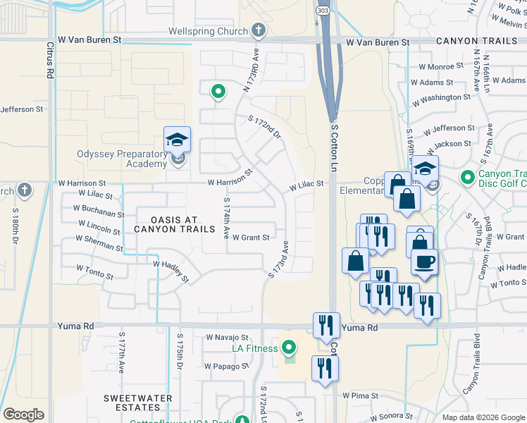 map of restaurants, bars, coffee shops, grocery stores, and more near 17322 South 173rd Drive in Goodyear