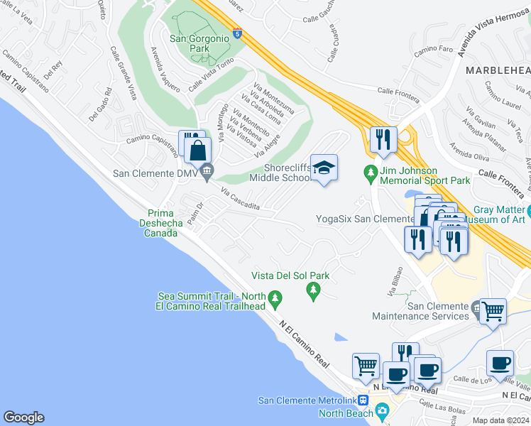 map of restaurants, bars, coffee shops, grocery stores, and more near 2605 Via Cascadita in San Clemente