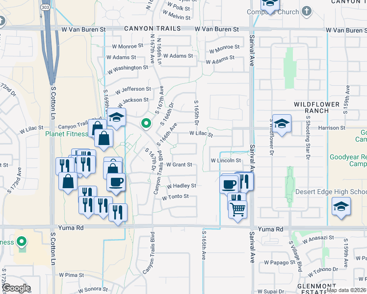 map of restaurants, bars, coffee shops, grocery stores, and more near 16565 West Buchanan Street in Goodyear