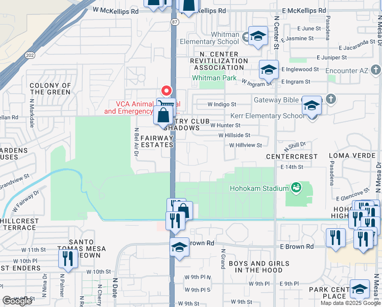 map of restaurants, bars, coffee shops, grocery stores, and more near 1415 Arizona 87 in Mesa