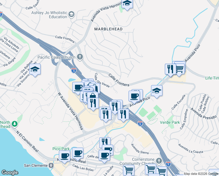 map of restaurants, bars, coffee shops, grocery stores, and more near 2031 Via Concha in San Clemente