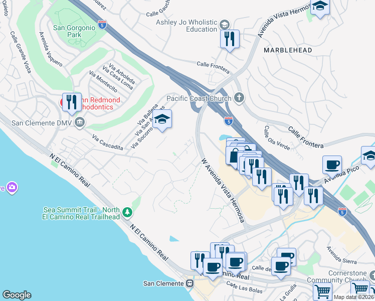 map of restaurants, bars, coffee shops, grocery stores, and more near 110 Via Murcia in San Clemente