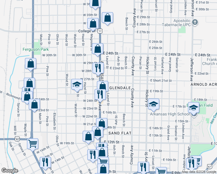 map of restaurants, bars, coffee shops, grocery stores, and more near 1824 North State Line Avenue in Texarkana