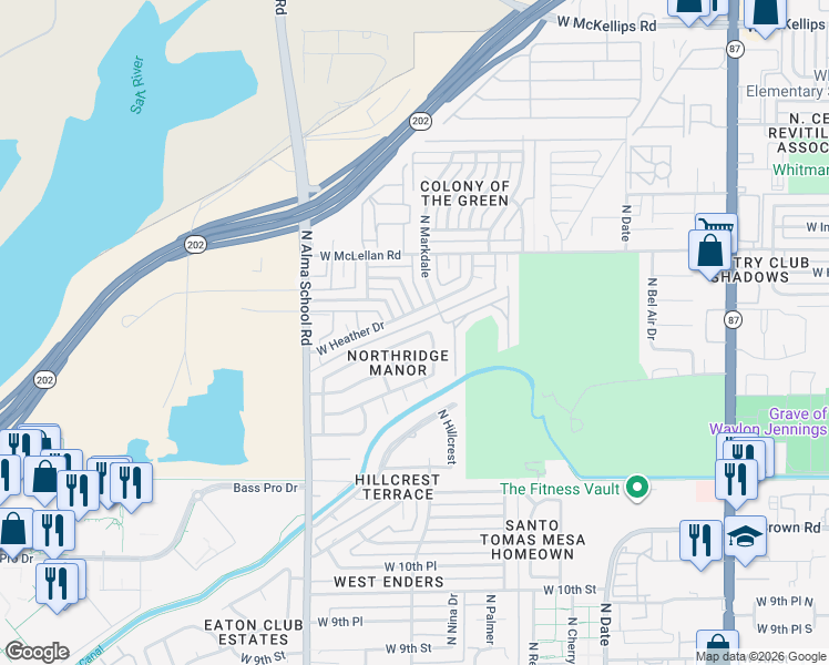 map of restaurants, bars, coffee shops, grocery stores, and more near 948 West Hackamore Street in Mesa