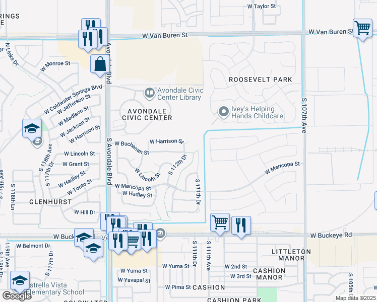 map of restaurants, bars, coffee shops, grocery stores, and more near 422 South 111th Drive in Avondale