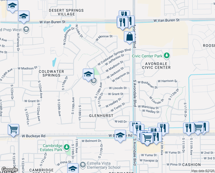map of restaurants, bars, coffee shops, grocery stores, and more near 11738 West Grant Street in Avondale