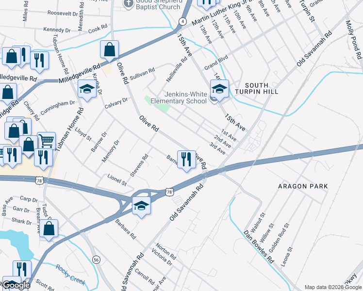 map of restaurants, bars, coffee shops, grocery stores, and more near 2045 Olive Road in Augusta