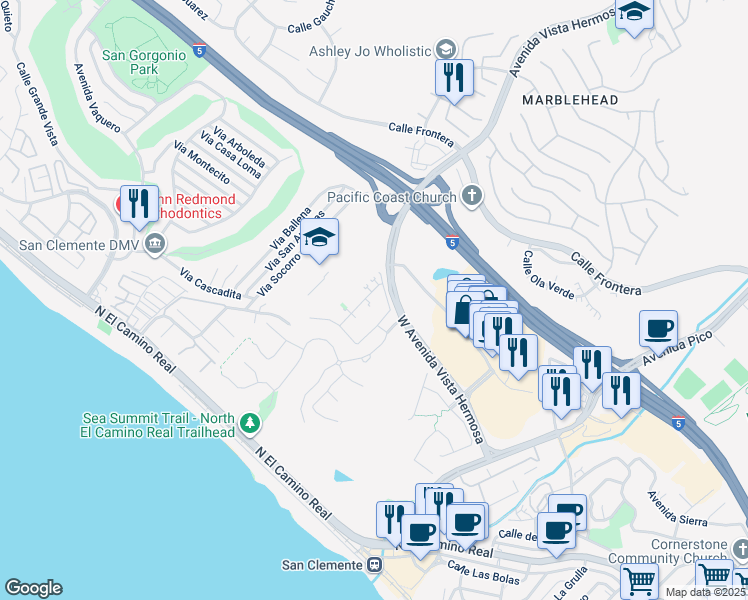 map of restaurants, bars, coffee shops, grocery stores, and more near 110 Via Murcia in San Clemente