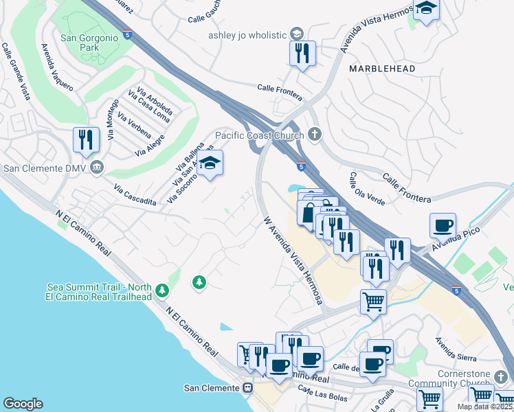 map of restaurants, bars, coffee shops, grocery stores, and more near Avenida Murcia in San Clemente