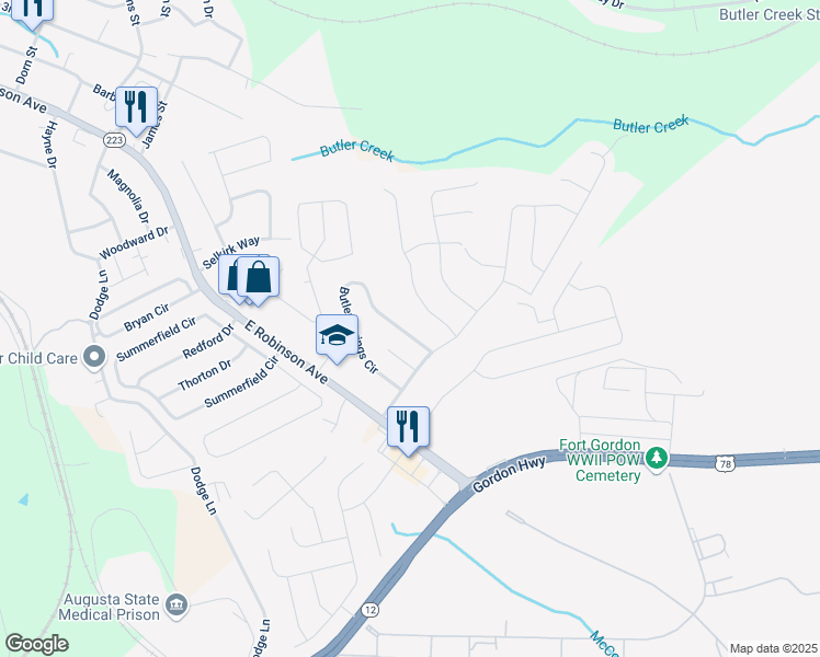 map of restaurants, bars, coffee shops, grocery stores, and more near 673 Butler Springs Circle in Grovetown