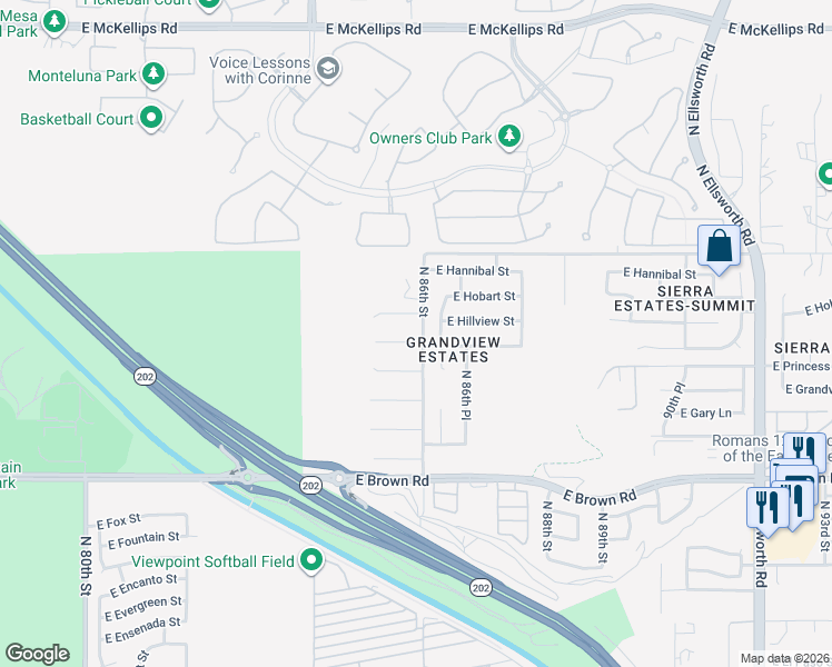 map of restaurants, bars, coffee shops, grocery stores, and more near 8533 East Halifax Circle in Mesa