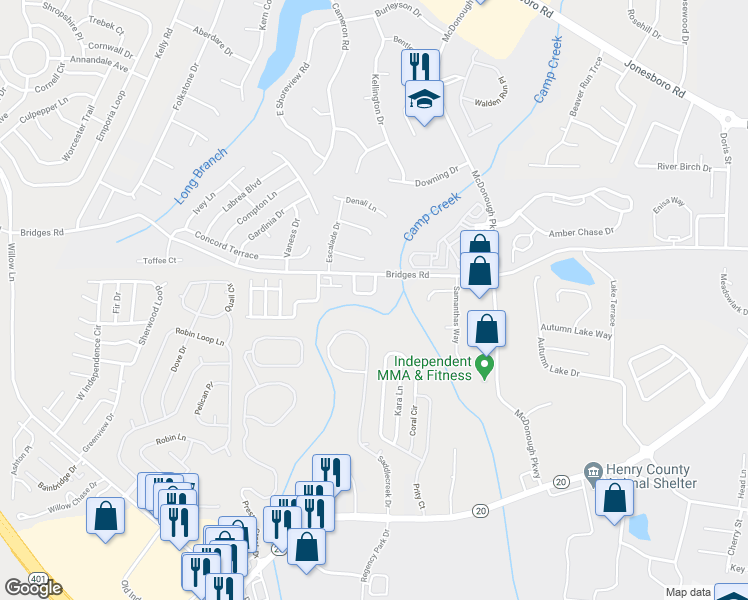 map of restaurants, bars, coffee shops, grocery stores, and more near 170 Madeline Court in McDonough