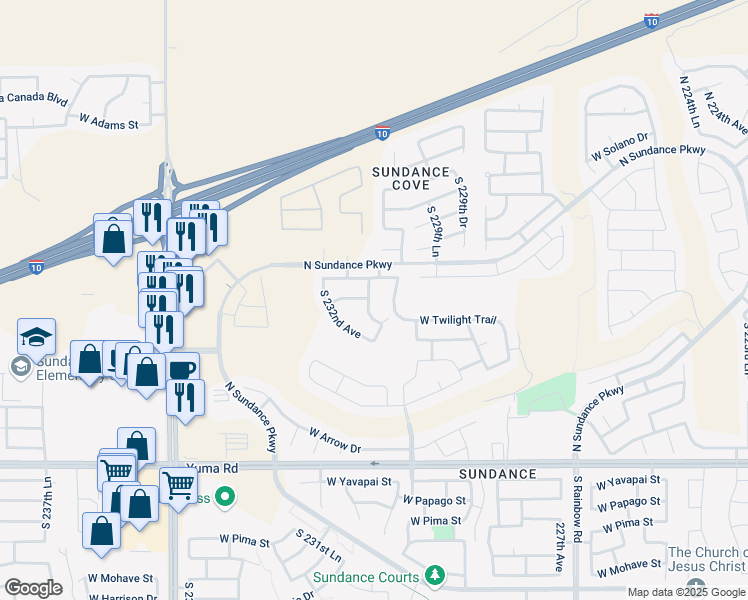 map of restaurants, bars, coffee shops, grocery stores, and more near 593 South 231st Drive in Buckeye