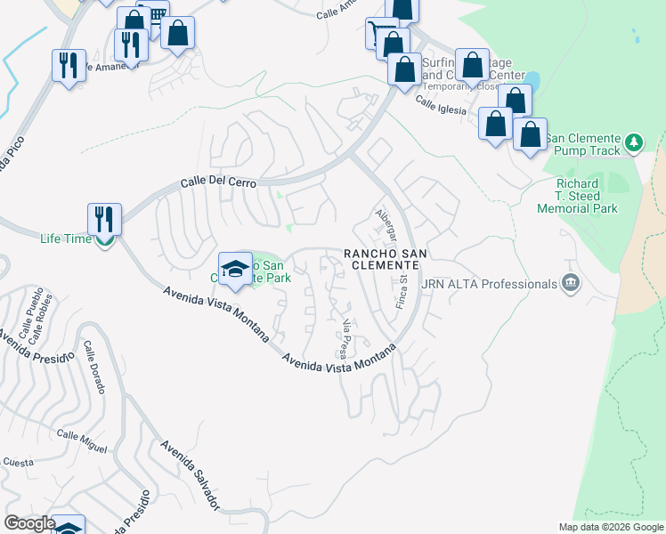 map of restaurants, bars, coffee shops, grocery stores, and more near 1209 Via Presa in San Clemente