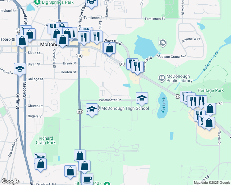 map of restaurants, bars, coffee shops, grocery stores, and more near 340 Lewisburg Drive in McDonough