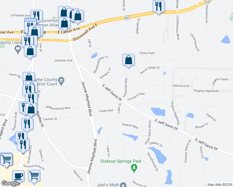 map of restaurants, bars, coffee shops, grocery stores, and more near 490 South Jeff Davis Drive in Fayetteville