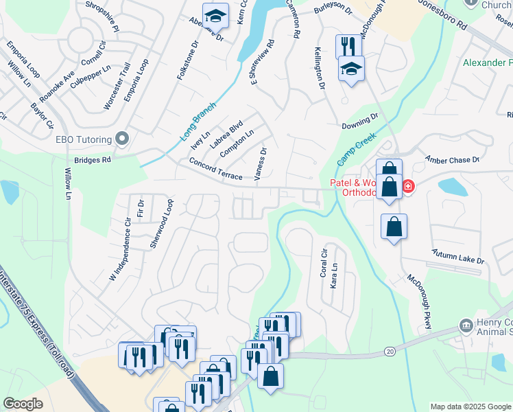 map of restaurants, bars, coffee shops, grocery stores, and more near 420 Kendall Lane in McDonough