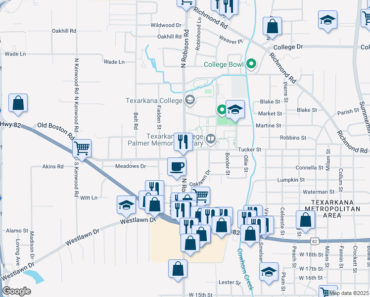map of restaurants, bars, coffee shops, grocery stores, and more near in Texarkana