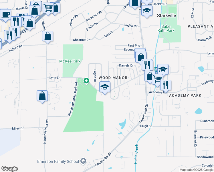 map of restaurants, bars, coffee shops, grocery stores, and more near 160 Park Circle in Starkville