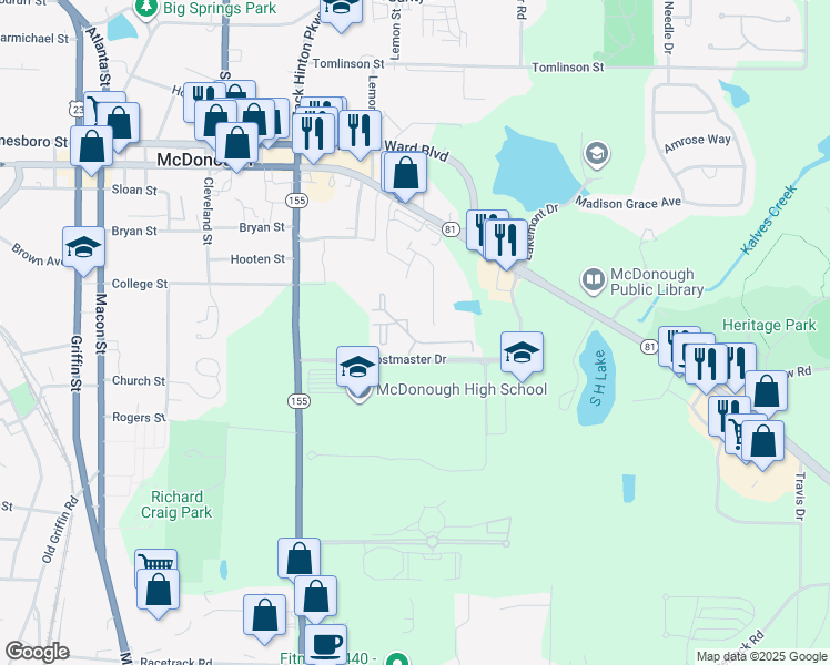 map of restaurants, bars, coffee shops, grocery stores, and more near 340 Lewisburg Drive in McDonough