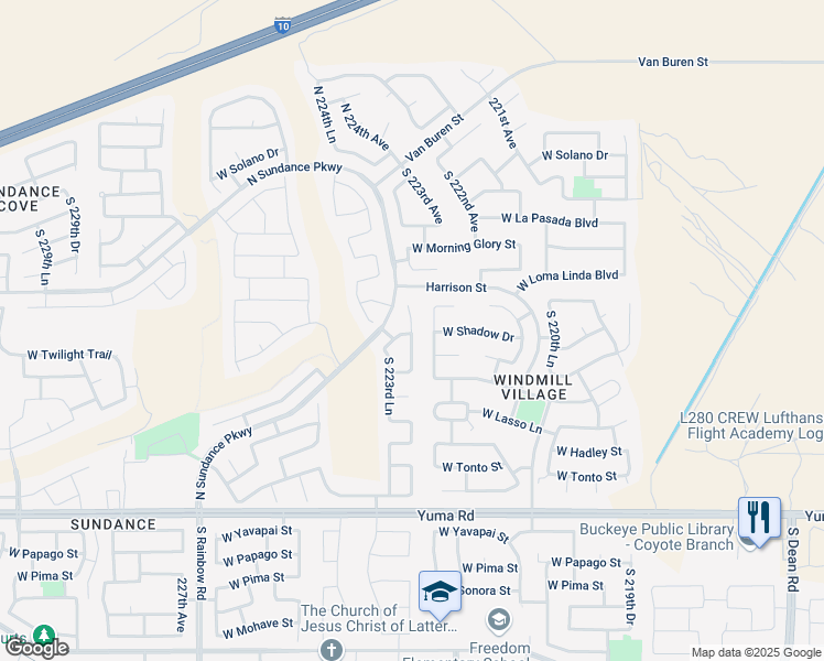 map of restaurants, bars, coffee shops, grocery stores, and more near 589 South 223rd Drive in Buckeye