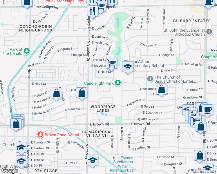 map of restaurants, bars, coffee shops, grocery stores, and more near 1317 East Hackamore Street in Mesa