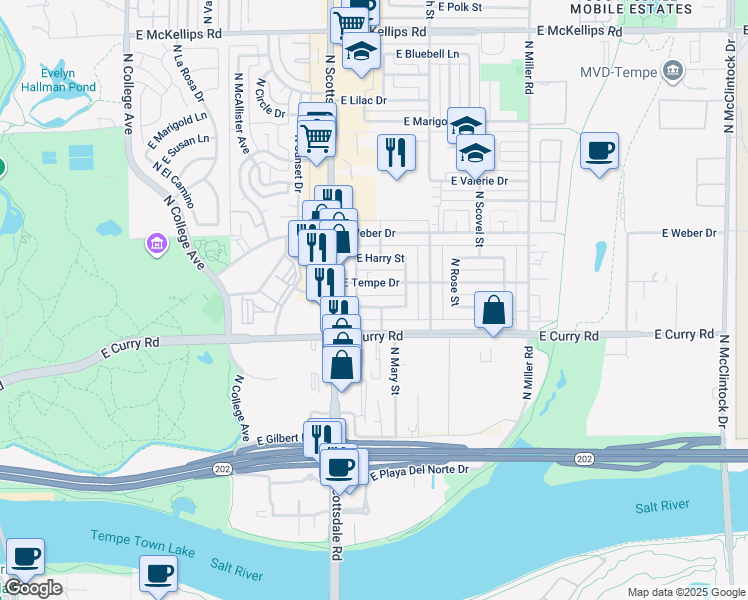 map of restaurants, bars, coffee shops, grocery stores, and more near 1007 East Henry Street in Tempe
