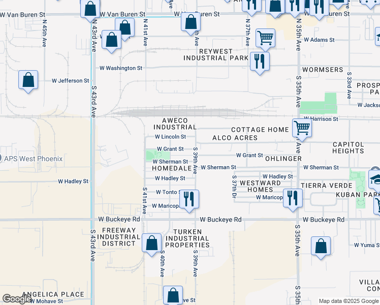 map of restaurants, bars, coffee shops, grocery stores, and more near 3847 West Grant Street in Phoenix
