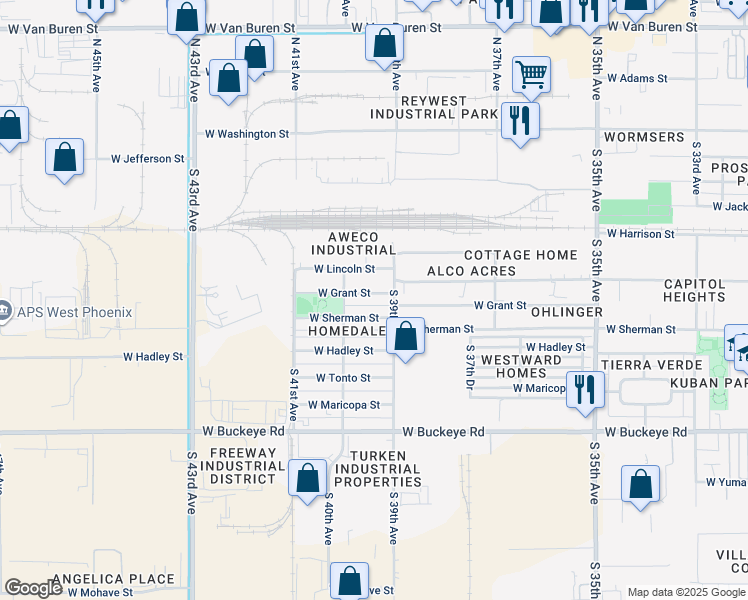 map of restaurants, bars, coffee shops, grocery stores, and more near 3924 West Sherman Street in Phoenix