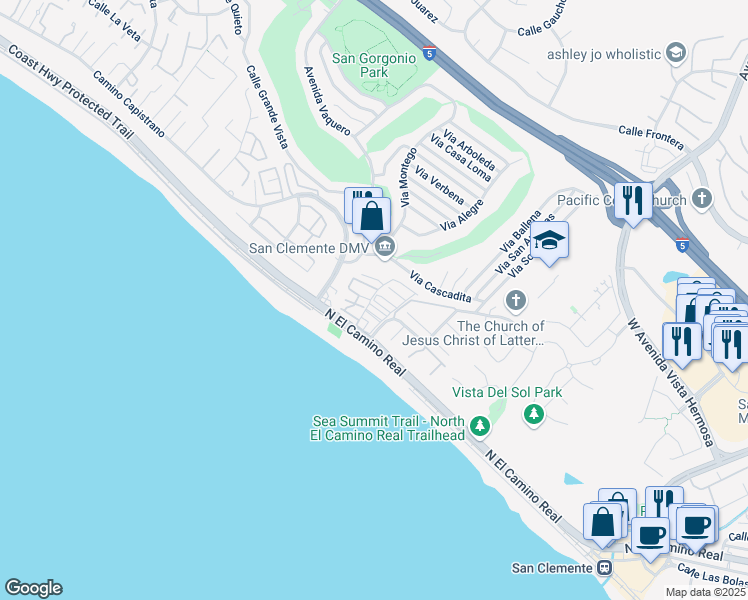 map of restaurants, bars, coffee shops, grocery stores, and more near 301 Beach Drive in San Clemente