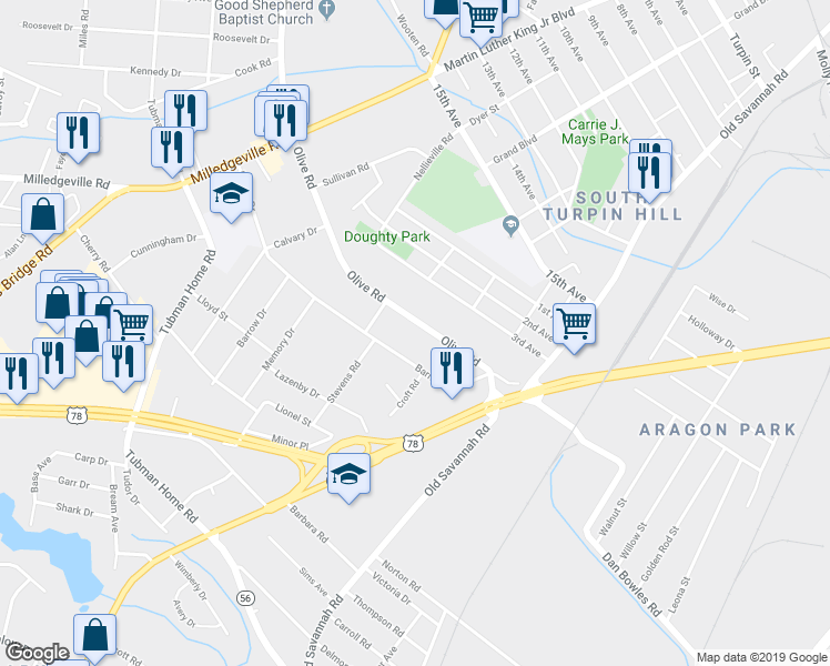 map of restaurants, bars, coffee shops, grocery stores, and more near 2010 Barnes Road in Augusta
