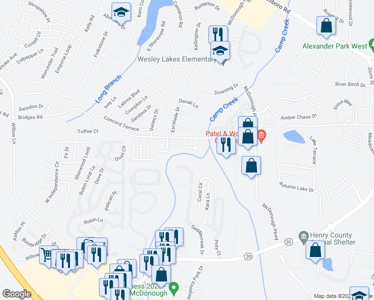 map of restaurants, bars, coffee shops, grocery stores, and more near 2200 Saddlecreek Drive in McDonough