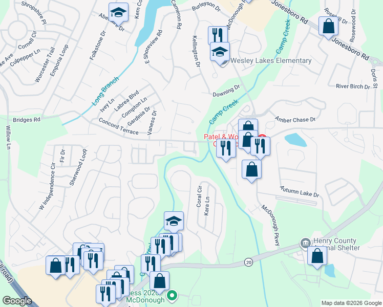 map of restaurants, bars, coffee shops, grocery stores, and more near 160 Madeline Court in McDonough