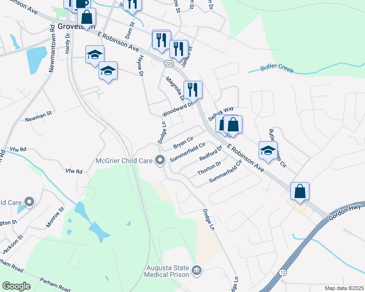 map of restaurants, bars, coffee shops, grocery stores, and more near 150 Summerfield Circle in Grovetown