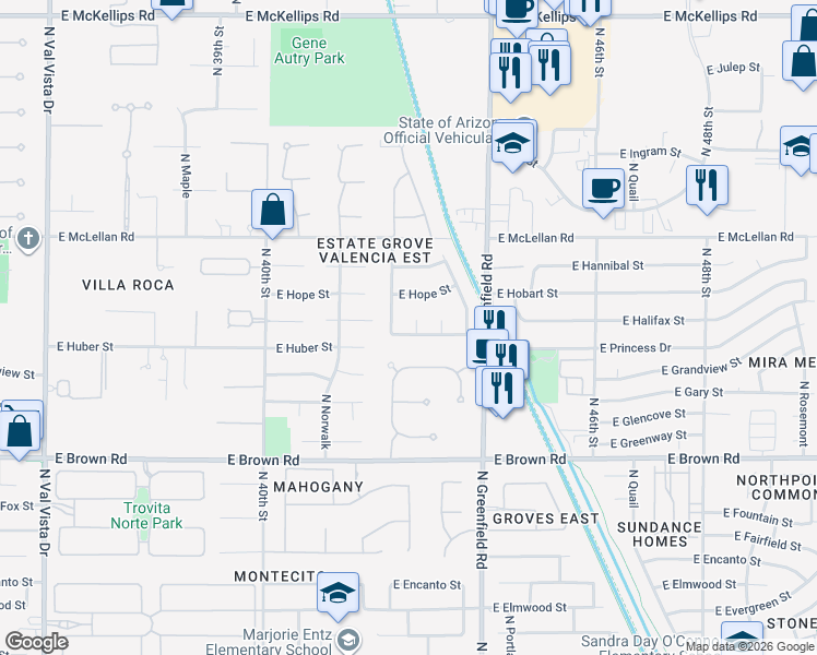 map of restaurants, bars, coffee shops, grocery stores, and more near 4233 East Hackamore Street in Mesa