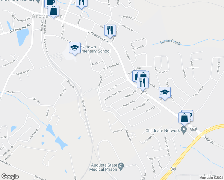 map of restaurants, bars, coffee shops, grocery stores, and more near 936 Bryan Circle in Grovetown