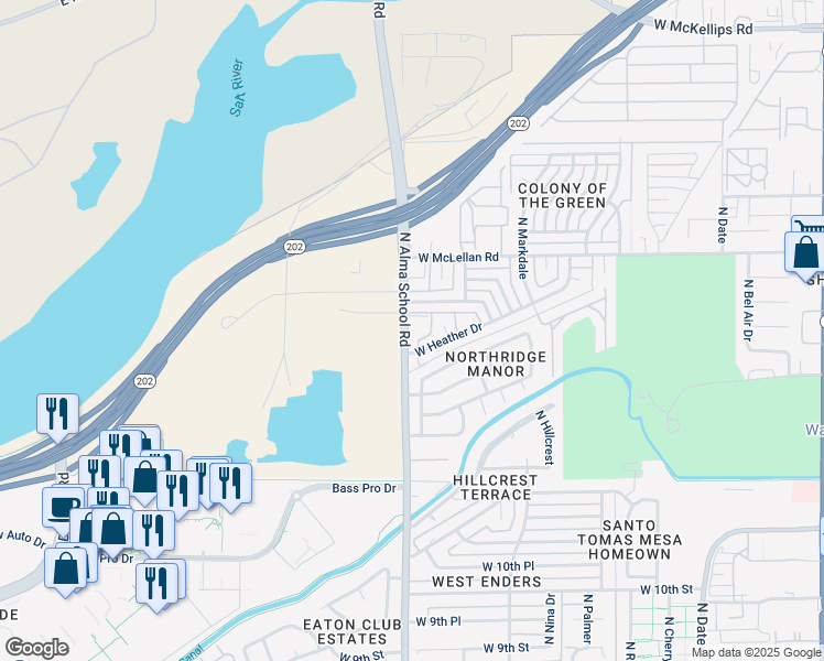 map of restaurants, bars, coffee shops, grocery stores, and more near 1153 West Heather Drive in Mesa