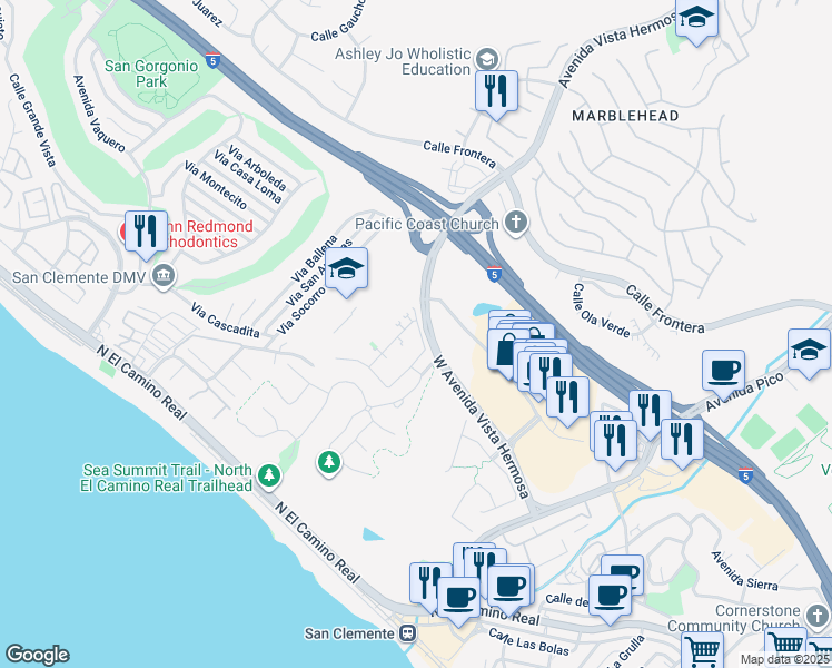 map of restaurants, bars, coffee shops, grocery stores, and more near 102 Via Murcia in San Clemente