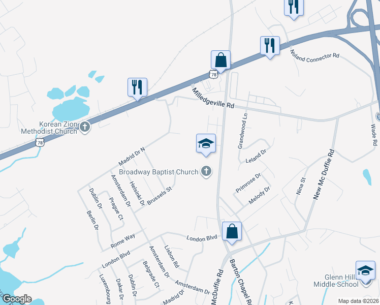 map of restaurants, bars, coffee shops, grocery stores, and more near 2329 Barton Chapel Road in Augusta