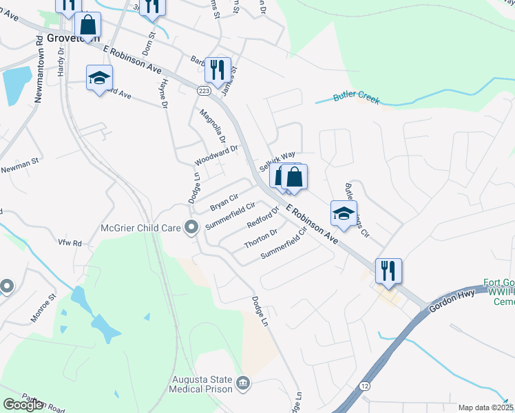 map of restaurants, bars, coffee shops, grocery stores, and more near 106 Redford Drive in Grovetown