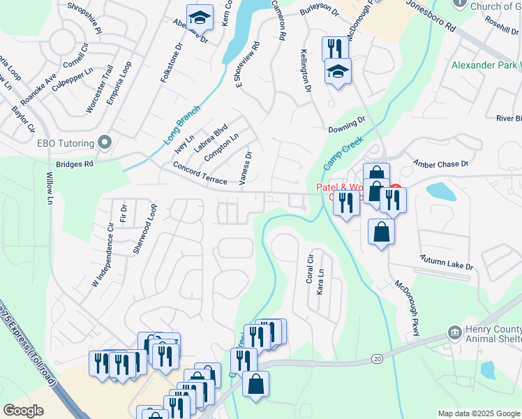 map of restaurants, bars, coffee shops, grocery stores, and more near 124 London Drive in McDonough