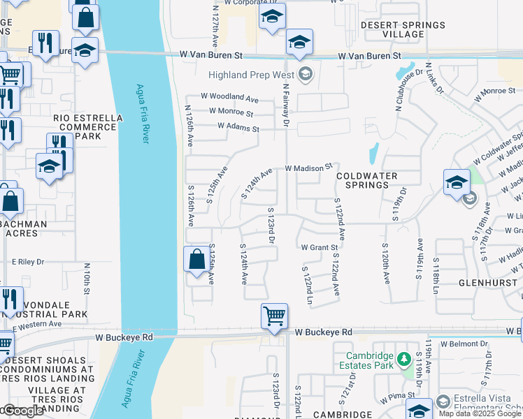 map of restaurants, bars, coffee shops, grocery stores, and more near 402 South 123rd Lane in Avondale